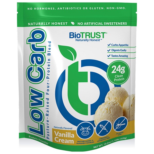BioTrust Low Carb Natural and Delicious Protein Powder Whey and Casein Blend from Grass-Fed Hormone Free Cows, Non GMO, Soy Free, Gluten Free, Hormone and Antibiotic Free (6 Flavors) (Vanilla)