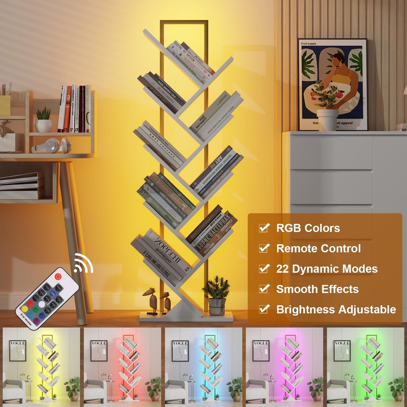 Qupui Tree Book Shelf with LED Lights, 9 Tier Floor