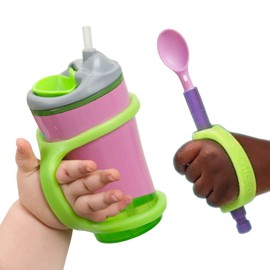 EazyHold Baby Green Self-Feeding Pack - Sippy Cup Bottle Holder 7.5" and Mini Green Strap 4.5" - for Eating, Drinking Hand Grip Support, Silicone Adaptive Aid Handle for Utensils (2 pack)