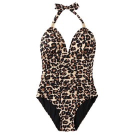 RXRXCOCO Women V Neck One Piece Swimsuits Tummy Control Ruched Swimwear Halter Bathing Suit Leopard Large