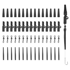 Realure 60 Pcs Lead Clips Carp Fishing Accessories Safety Lead Clips Action Pack with Clips Anti Tangle Sleeves Rubber Tails and Quick Change Swivels for Small Weights and Feeder(Black)
