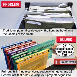 Ultimate Office MagniFile Hanging File Folders V-Bottom Letter Size, Set of 5 Assorted Color Magnified Indexes PLUS 25 Removable PocketFile Clear Poly Interior Document Folders with 5th Cut Tabs