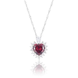 RIZILIA Ocean Heart Pendant Necklace with Simulated Red Garnet CZ, 18"+2" Adjustable Chain, White Gold Plated, Elegant Modern Design, Gift for Women