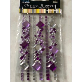 CRYSTAL STICKER 2 SHEETS CLUSTERS VIOLET PURPLE CLEAR GEMSTONES  MULTI-SIZE 9PCS