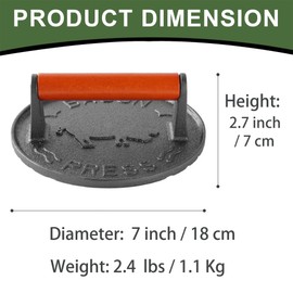 SanKonfu Bacon Press 2.5 lb Heavy Weight Cast Iron Burger Smasher Tool for Griddle,Grill,Skillet,Hamburger,Steak,Patty,BBQ,Sausage,Sandwich Maker,7.2 inch Round