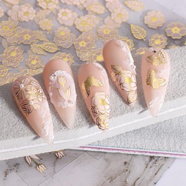 Vezocim Flower Nail Art Stickers Decals, Gold Flower Nail Self-Adhesive Sticker Designs, 3D Spring Floral Leaf Nail Transfer Decal Acrylic Supplies for Women Girls Manicure Summer Charm Decorations