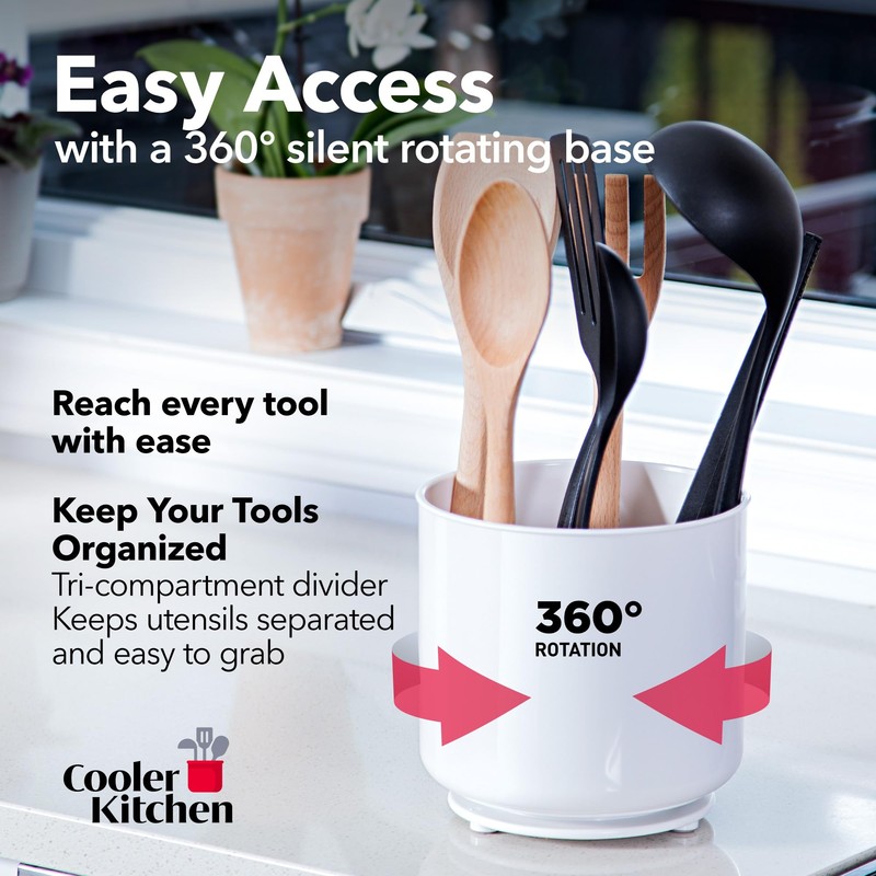 Rotating Extra Large White Plastic Utensil Holder Caddy with Sturdy