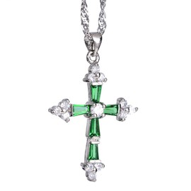 RIZILIA Cross Pendant with 18" Chain & Trapezoid Round Cut CZ [Simulated Green Emerald] in White Gold Plated, Simple Modern Elegant