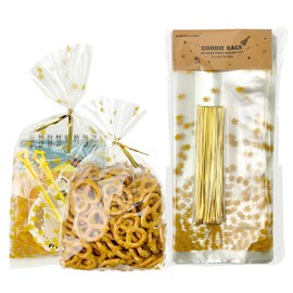 EKAPACKAGING 50 Pcs 4 X 9.5 Inches Star Print Goodie Bags Cellophane Gift Bags For Party Favors With Ties