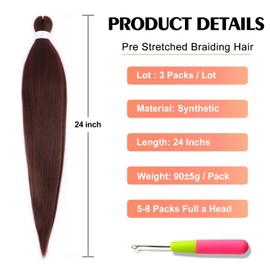 ADIASAI Braiding Hair Pre Stretched 24 Inch 3 Packs, Chocolate Brown Pre stretched Braiding Hair for Professional Braiding Hair Extensions, Hot Water Setting Yaki Texture Synthetic Hair(33#)