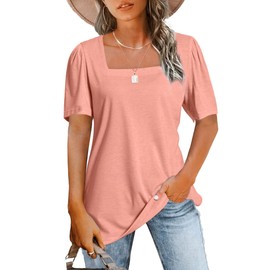 Womens Tops Short Sleeve Square Neck Shirts Loose Casual T-Shirts Tunic Tops for Leggings Coral Pink XXL