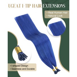 Ugeat 22 Inch Blue Itip Hair Extensions Real Human Hair Keratin I Tip Extensions Human Hair 25s Hair Extensions for Kids Blue I Tip Extensions 20g