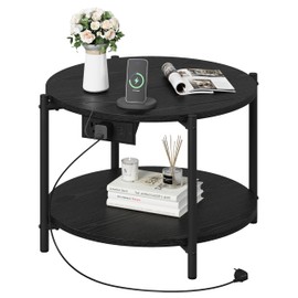 LIKIMIO Side Table, 23.6" W Round End Table with with Charging Station, Modern Wooden Nightstand for Small Spaces, Living Room, Bedroom, Black