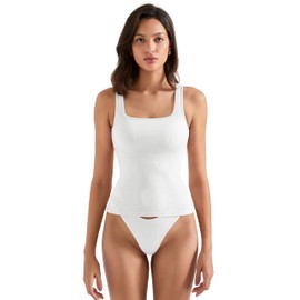 SUUKSESS Women Cotton Ribbed Summer Going Out Tops Padded Sleeveless Trendy Tank Tops Basic Square Crew Neck Top (White, S)