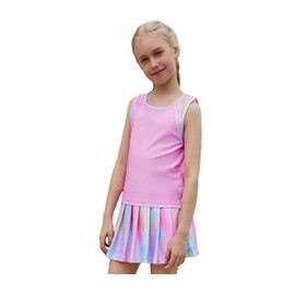 MODAFANS Girls Tennis Golf Dress Athletic Outfit Kids Tie dye Tank Top and Skorts Sets Sports Skirt with Shorts 4-5Years,Vibrant Pink