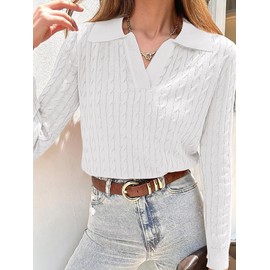 ANRABESS Womens Cable Knit Sweaters Long Sleeve V Neck Sweater Tops Casual Pullover Polo Shirts 2025 Fall Fashion Outfits White M