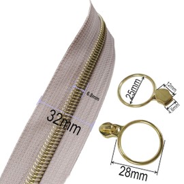 Leekayer #5 Gold Metallic Nylon Coil Zippers by The Yard Bulk 10 Yards Beige Zipper Tape with 25pcs Gold Ring Pull Sliders for DIY Sewing Tailor Craft Bag(Beige)