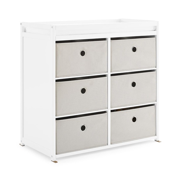 Delta Children Hayes Changing Table and Dresser for Bedroom with 6 Fabric Drawers, Bianca White/Flax Bins