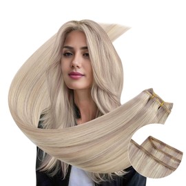 Ugeat Real Hair Wefts for Sewing Blonde Extensions Wefts Real Hair Remy Human Hair Blonde 50 cm Extensions Real Hair Ash Blonde Highlight Platinum Blonde 100 g