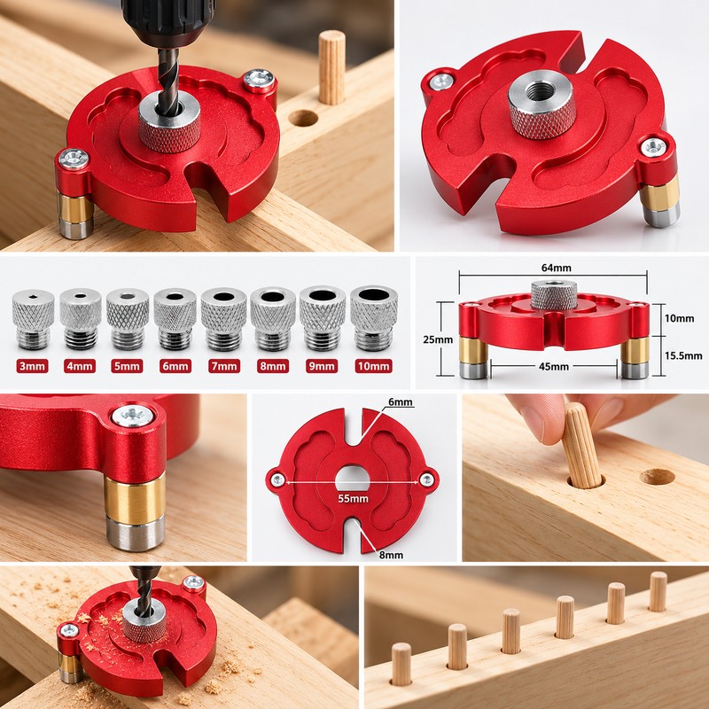 Self-Centering Woodworking Drill Guide with 8 Bushings, 3–10mm