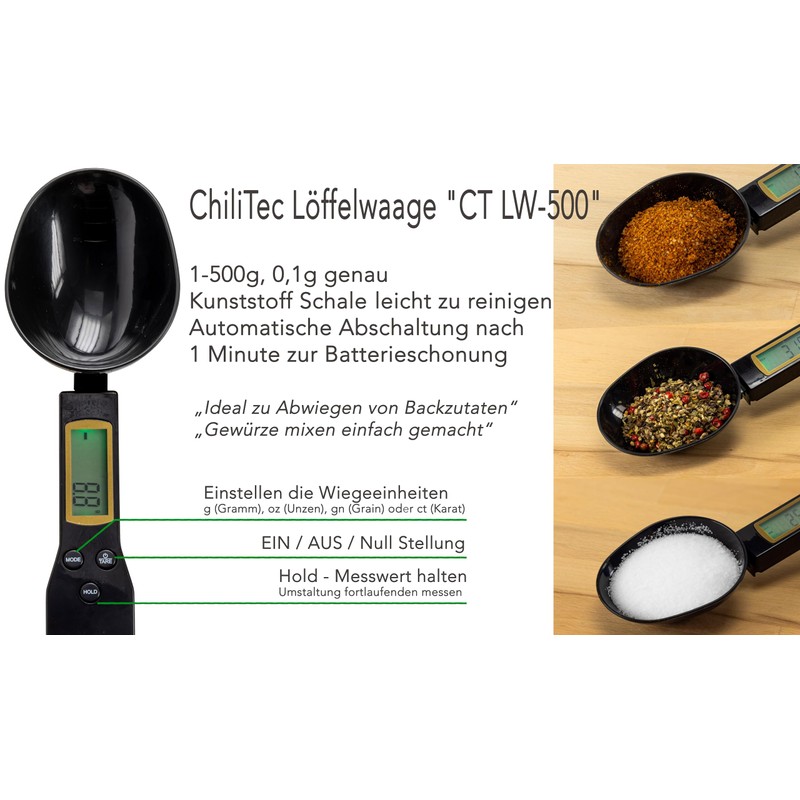 ChiliTec Spoon Scales 1-500 g 0.1 g Accurate Digital Measuring