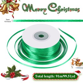 2 Rolls 3mm x 91m Christmas Ribbon,Christmas Satin Polyester Ribbon Rolls Christmas Wrapping Ribbon for DIY Craft Wrapping Xmas Ribbons and Trimmings for Christmas Party Decoration(Red and Green)