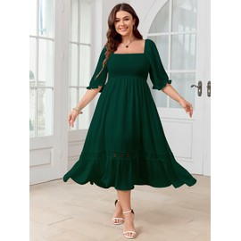 SCOMCHIC Women's Plus Size Maxi Dress Short Sleeve Square Neck Smocked Flowy A-Line Lace Trim Boho Wedding Guest Dresses Emerald Green
