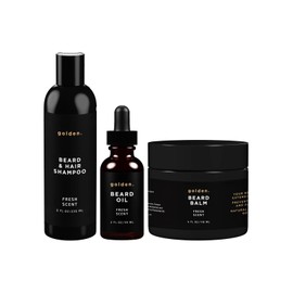 Golden Grooming Co. Beard Bundle – 2 oz Beard Oil, 4 oz Beard Balm, and 8 oz Beard and Hair Shampoo – All-Natural Beard Grooming Set for Nourishment, Styling, and Cleansing