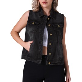 CIMUK Women's Denim Vest Button Down Jacket W Chest Flap Pockets Washed Distressed Sleeveless Jean Jacket Large Black