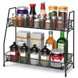 2 Tier Spice Racks Organiser – Free Standing Storage Organizer Metal Racks for Kitchen Counter & Bathroom Countertop Black