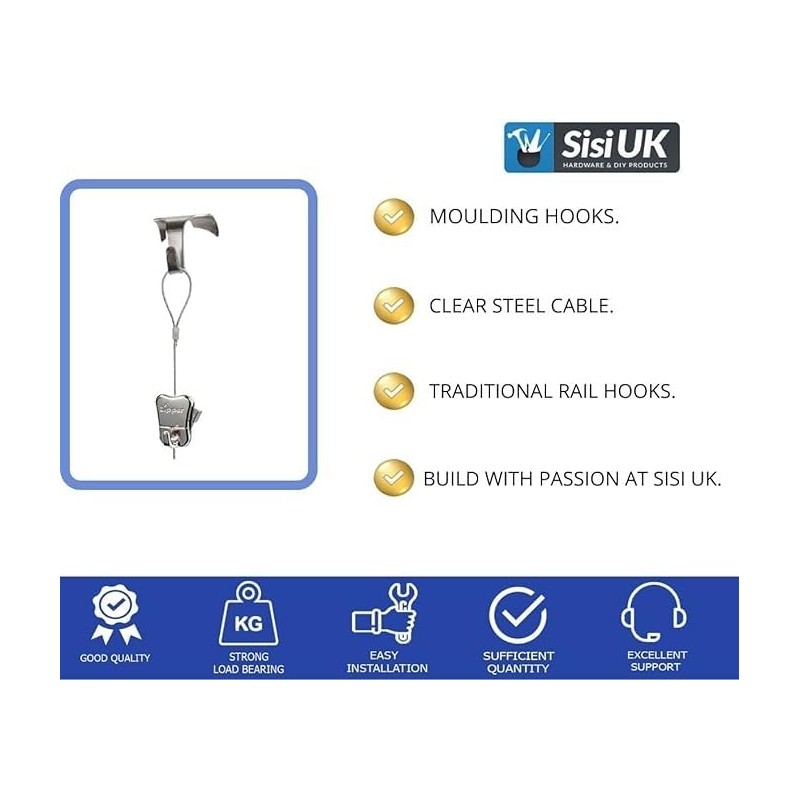 Picture Frame Hanging Chrome Moulding Hooks with Steel Cable Wire