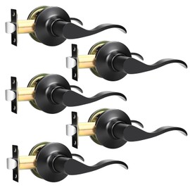 GOBEKOR 5 Pack Matte Black Passage Door Levers Interior Door Handles for Hallway and Closet Door Lock Keyless Wave Lever Door Handles