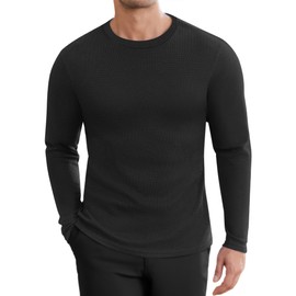Ekouaer Men's Long Sleeve Shirts Honeycomb Waffle Pullover Sweater Crewneck Thermal Tops Lightweight Undershirts Black L