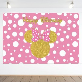 Happy Birthday Mouse Girl Themed Backdrop Banner Pink Cartoon Happy Birthday Theme Party Decorations Cheer to One/Two Years Old Photography Background Supplies for Girls