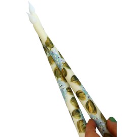 Vintage Floral Style Ivory Flameless Taper Candles Set with Artist Hand Painted Violet Blue Hydrangea Flowers Golden Green Leaves Romantic Shabby Chic Decor