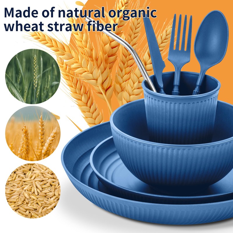 Wheat Straw Dinnerware Sets,64-Piece Plates and Bowls Sets for 8-Unbreakable,Reusable