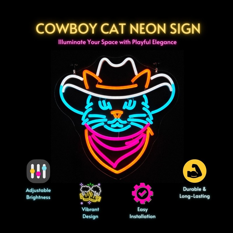 Cowboy Cat Neon Sign - Adjustable Dimmable LED Neon Light,