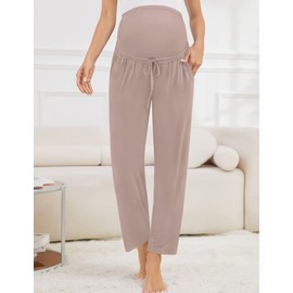 SWOMOG Women's Maternity Pants Over The Belly Pregnancy Pants Stretchy Lounge Wide Leg Palazzo Trousers with Pockets Light Brown