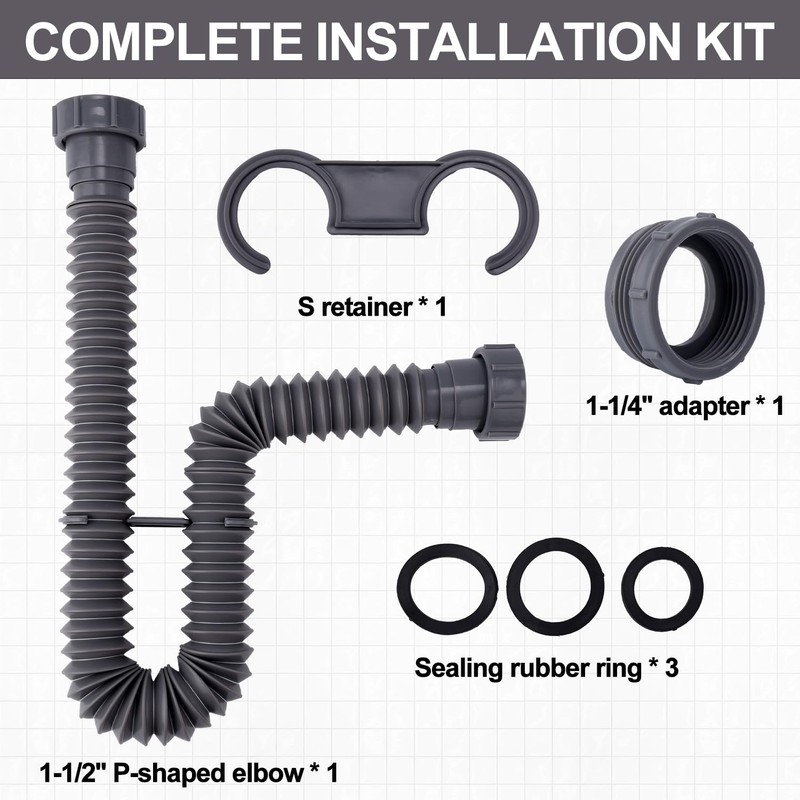 Sink Drain Kit, 1-1/2 Inch Expandable Flexible P-Trap 7.5 Inch