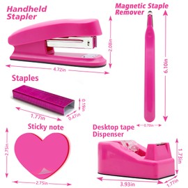 Hot Pink Office Supplies, UPIHO Hot Pink Desk Accessories, Stapler and Tape Dispenser Set for Women with Stapler, Tape Dispenser, Staple Remover, Staples, Clips, Scissor and Sticky Notes for Students