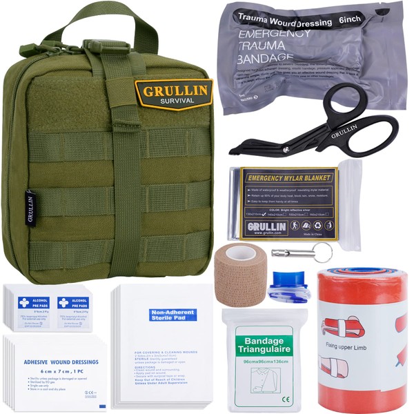 GRULLIN Kit de trauma de emergencia IFAK, kit de primeros auxilios de supervivencia militar táctico Molle bolsa torniquete EMT para primeros auxilios de respuesta de bala, cuidado de heridas y control de sangrado (verde del ejército)