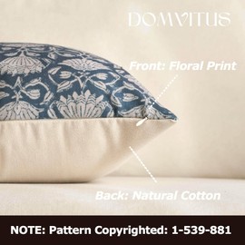 DOMVITUS Floral Pillow Covers 20x20 Decorative Throw Pillow Covers Floral Block Print Farmhouse Vintage Pillow Cover for Living Room Couch Bed Dusty Blue 1PC