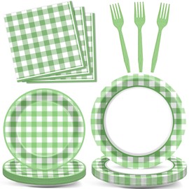 96pcs Green Plaid Tableware Green Buffalo Plaid Party Supplies Green Checkered Plates Napkins Gingham Party Decorations Green White Dinnerware Table Decor for Birthday Wedding Bride Shower 24 Guests