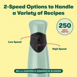 bella Immersion Blender, Portable Mixer and Emulsifier with Whisk Attachment, 2 Speed, Electric Handheld Juicer, Shakes, Baby Food and Smoothie Maker, Stainless Steel, BPA Free, 250 Watt, Sage