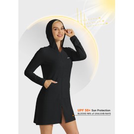 Willit UPF 50+ Women's Swim Cover Up Sun Protection Beach Swimwear Bathing Suit Long Hoodie Jacket SPF Black L