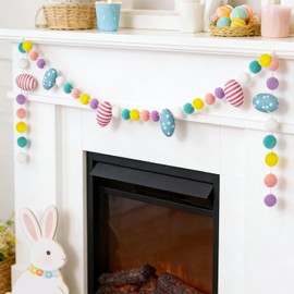 Whaline Easter Felt Pom Pom Banner Easter Egg Hanging Garland with Colorful Pom Ball Cute Egg Decorative Hanging Bunting Banner for Spring Holiday Home Mantel Wall Party Supplies, 8.2Ft