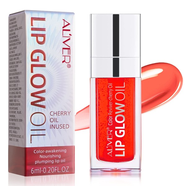 Plumping Lip Oil, Long Lasting Hydrating Lip Gloss Tinted Lip Balm, Non-sticky Big Brush Head Glitter Shine Primer Lip Tint, Tinting Lip Care Oil for Dry Lip (04Cheery)