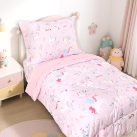 SWESEN 4 Pieces Toddler Bedding Set for Girls, Unicorn Toddler Comforter Set, Include Quilted Comforter, Flat Sheet, Fitted Sheet, Pillowcase, Ultra Soft and Breathable, Pink