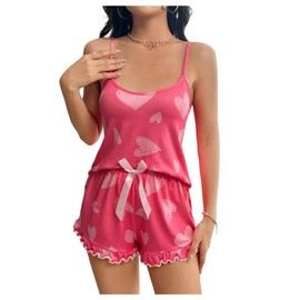 Floerns Women's 2 Piece Pajama Sets Heart Print Ruffle Trim Cami Shorts Set Nightwear Multicolor Large