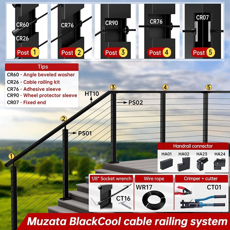 Muzata 30°-drilled Stair Post 42"x2"x2"(Post Body 39") Adjustable Top Cable